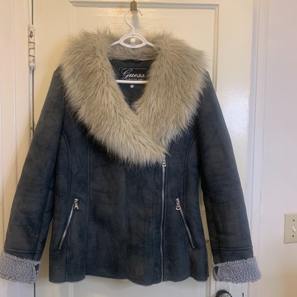 GUESS Motor Bike Faux Fur Jacket Fleece Lining sz Large Great Condition. - Picture 1 of 11